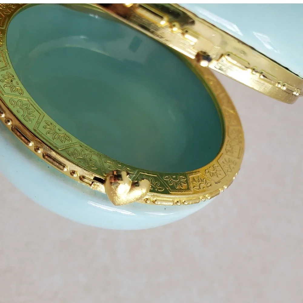 Ceramic Macaron Trinket Box Light Blue Gold Heart Clasp Decorative 2.25in